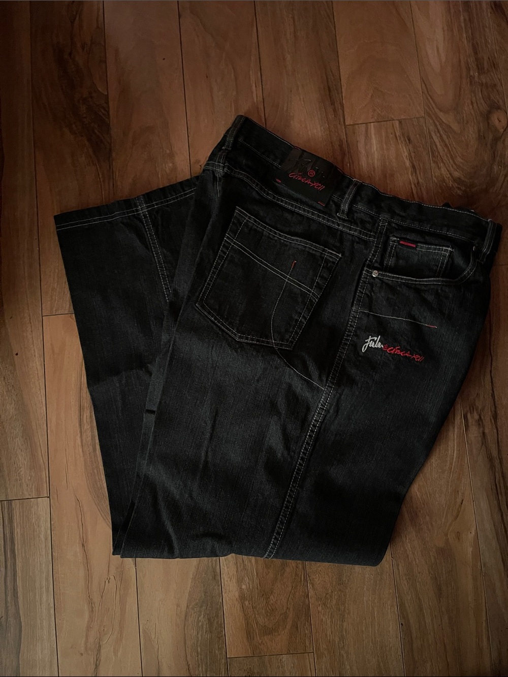 FUBU Black Relaxed Jeans with Red Stitch Accents